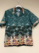 Vtg RJC Mens Lg S/S Button Front Hawaiian Aloha Shirt PALM TREES AND SURF BOARDS
