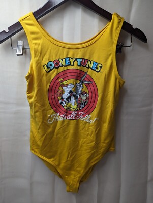 Looney Tunes Women Size 8 One Piece Yellow Swim Bathing Suit Retro Tazz Bugs 
