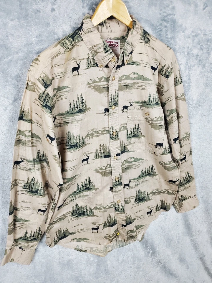 Wrangler Western Shirt Mens Large Beige Button Down Deer Print Rugged Wear - Image 3 of 4