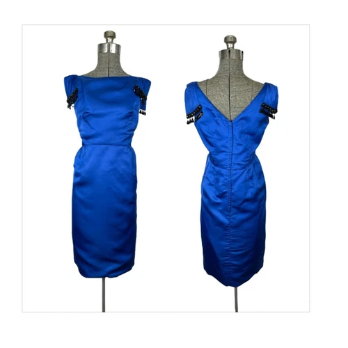 1960s blue silk satin cocktail dress with beaded shoulder tassels Size S