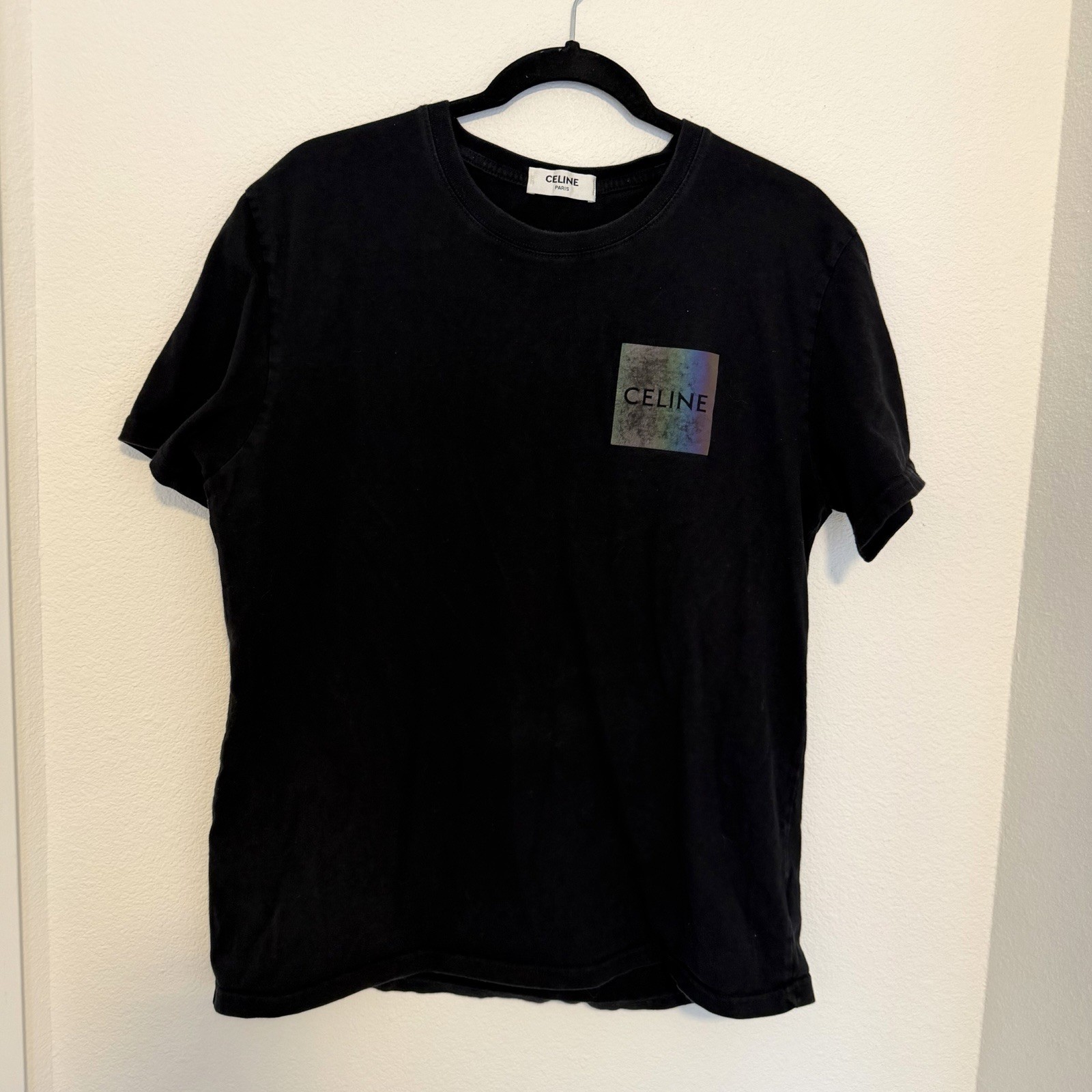 Celine Front Patch Black Tee Basic Cotton Size Me… - image 1