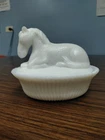 VTG Milk Glass Horse Covered Dish “Horse on a Nest”(like Hen)Trinket Candy Bowl
