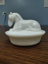 VTG Milk Glass Horse Covered Dish Horse on a Nest(like Hen)Trinket Candy Bowl