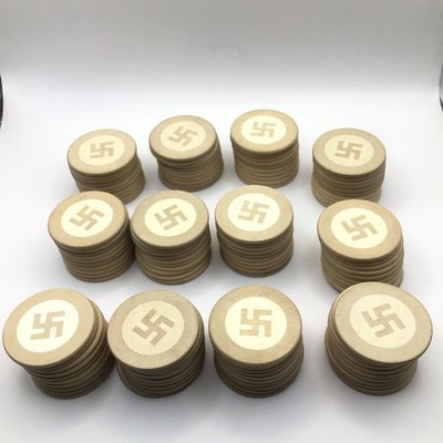 (10 CT) 1930 s Antique Clay Poker Chips Inlaid with Indian Good Luck Symbol