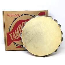 Vtg WERCO Wooden Tambourine w/ Rawhide Head  17 Double Row Jingles 10"  USA