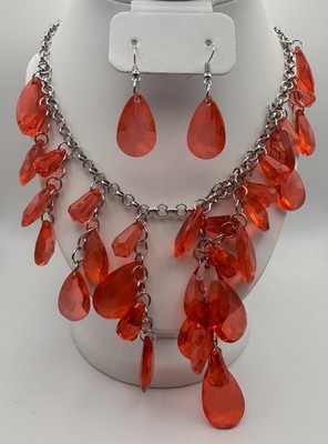 Beaded Necklace and Pierced Earrings Set Red Silver Tone