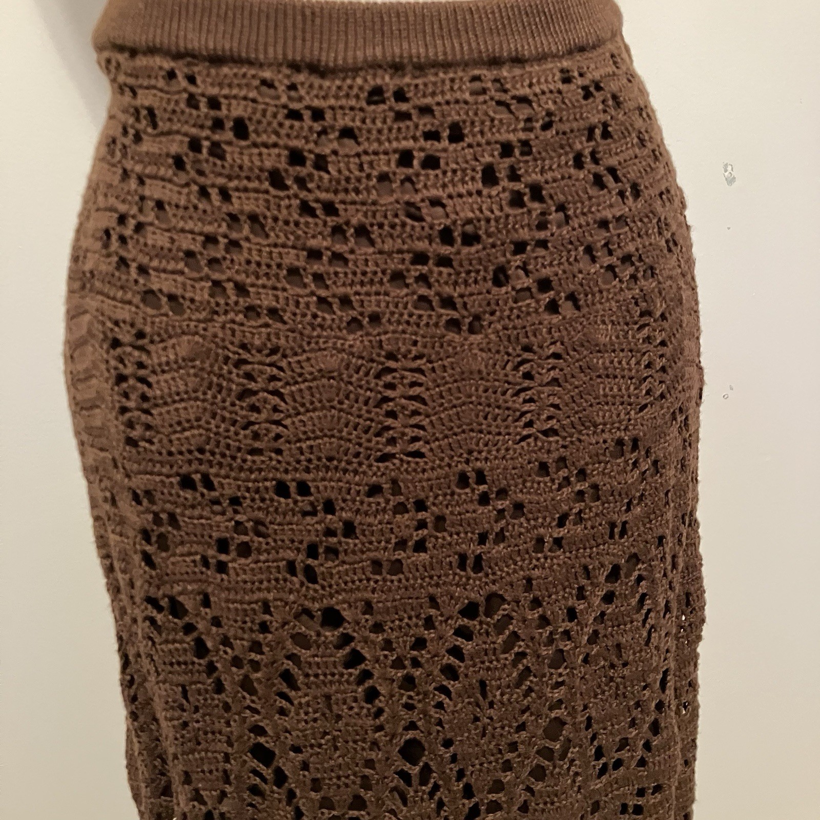 VTG Womens Brown Crochet Lined Maxi Skirt Pull-on Sz.XL Boho Festival Straight image 2