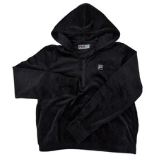 FILA Black Velour Quarter Zip Hoodie Gathered Wrist Waist Women's size S