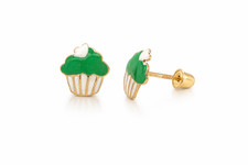 14k Yellow Gold Enamel Cup-Cake Screw Back Earrings