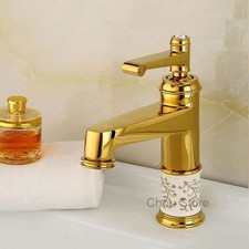 Gold Bathroom Sink Faucet Ceramic Floral Single Handle Brass Vanity Mixer Tap