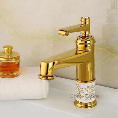 Gold Bathroom Sink Faucet Ceramic Floral Single Handle Brass Vanity Mixer Tap