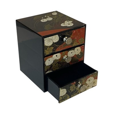 Vintage Yamanaka Japanese Jewelry Box Black Lacquer Floral Leaf 3 Drawers Japan