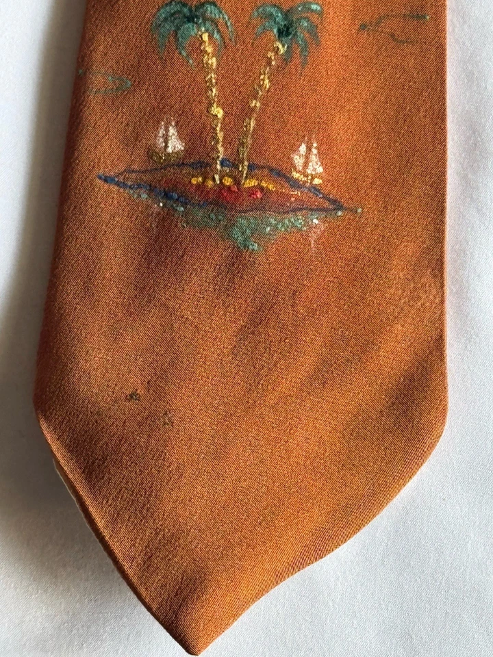 Corbata vintage pintada a mano palmeras, marrón isla, turquesa corbata para hombre 51x4” Foto 3 de 4