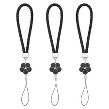 3Pcs Phone Lanyard Wrist Straps Creative Braided Flower Charm Straps Black
