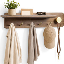 Coat Rack Wall Mount with Shelf, Solid Wood, 5 Brass Hooks, Brown