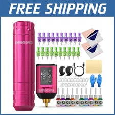 Professional Wireless Tattoo Machine Kit - 20 Needles, LED Display, Pink Design