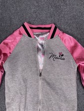 Disney Minnie Mouse Pink Grey Satin Varsity Bomber Jacket Girls Size 5-6