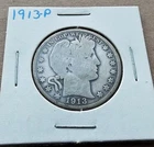 1913 P Barber Half Dollar - 90% Silver U.S. Coin