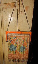 antique art deco Whiting  Davis enamel mesh chain mail purse blue roses fringe