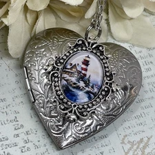 Heart Silver Locket Lighthouse Snow Cottage Christmas Tree Gift Necklace Photo