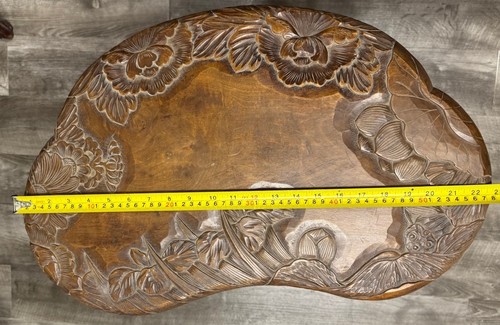 Vintage Japanese Style Floral Pattern Hand Carved Side Table 2 Tier - Picture 9 of 12