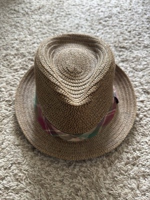 Polo Ralph Lauren Straw Fedora Hat Adult Size S/M Plaid Strap