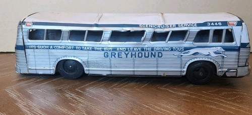VINTAGE TIN LITHO METAL GREYHOUND SUPER SCENICRUISER BUS 3446 TOY FRICTION JAPAN - Picture 2 of 5