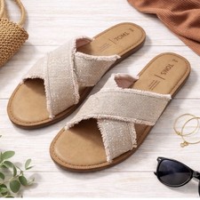 NIB WOMEN'S TOMS VIV NATURAL METALLIC JUTE SLIP ON SLIDES SHOES FLATS SZ 11