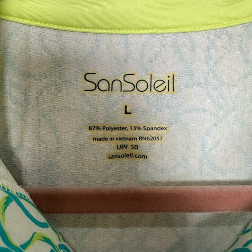 San Soleil Soltex Lux Cooling shirt Size Large Green Blue Geometric UPF 50 - Picture 6 of 9