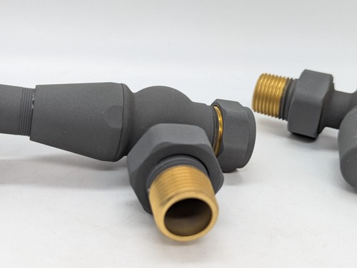 Traditional antique design TRV thermostatic brass angled radiator valves pair - Picture 5 of 11