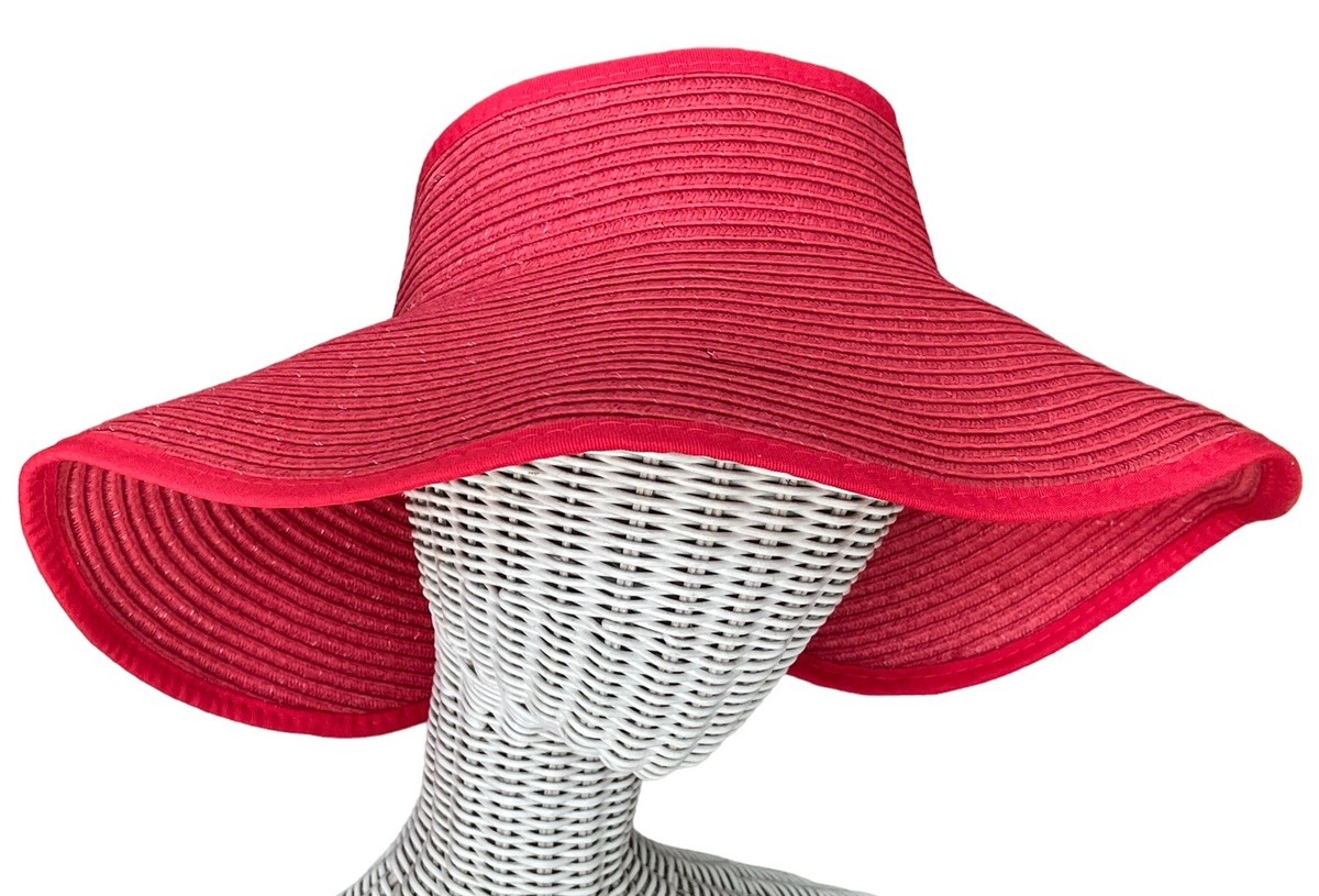 Uno Alla Volta Wide Brim Sun Hat Purple Bow Trim Made in USA NWOT Uno Alla Volta Womens Packable Red Straw Visor Sun Hat w  main image 3