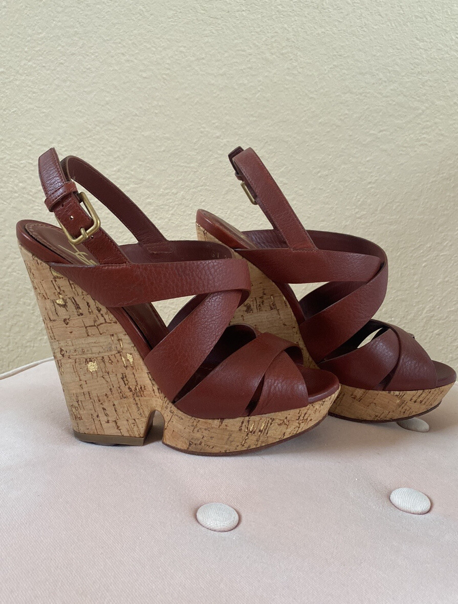 SAINT LAURENT Sandali Deauville marroni tacco a zeppa YSL Deauville $695 taglia US 6 EU 36