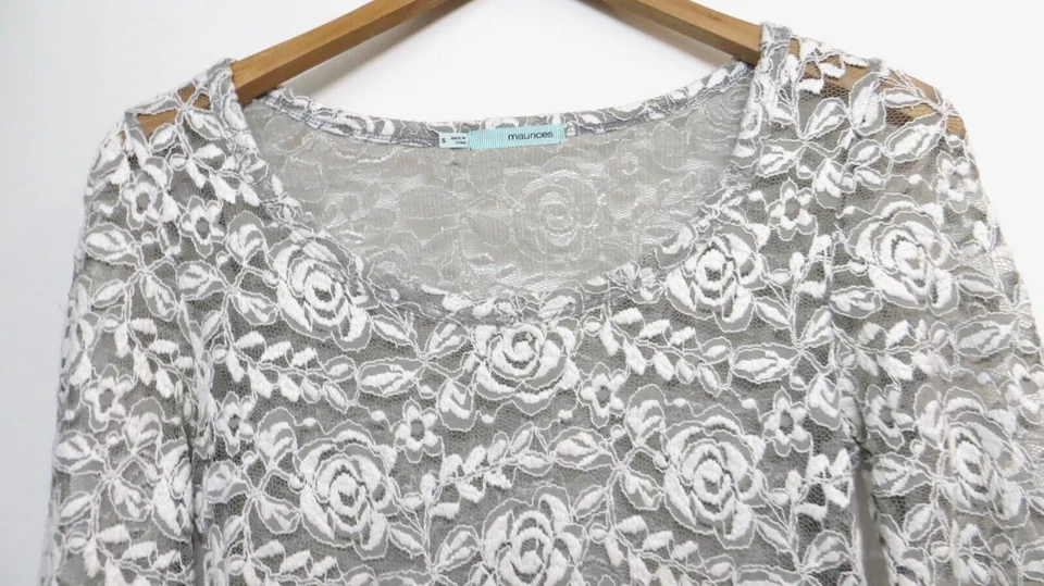 Camisa Maurices Mujer Pequeña Gris Blanca Floral Encaje Manga Larga Elástica Top Foto 4 de 4