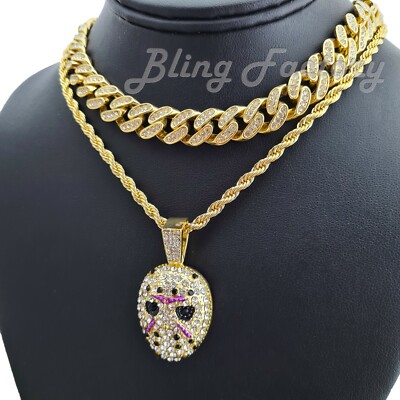 Men's Iced Out Rapper Mask Pendant - Cuban & Rope Chain Necklace Set In Gold/Silver
