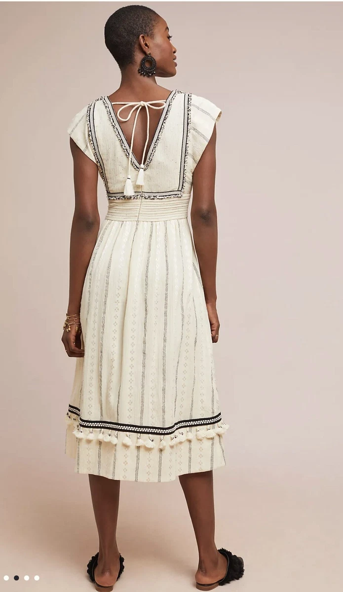 Nwt Anthropologie x Maeve Anaya Ivory White Black Tassel Midi
