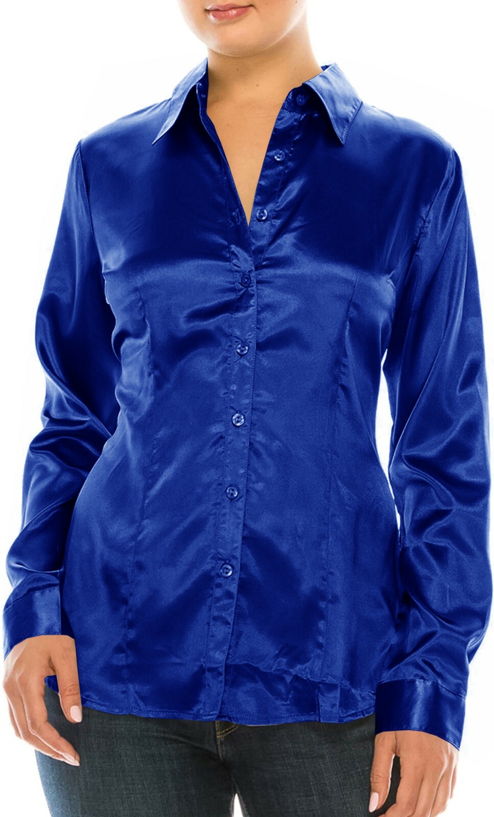 Women Office Wear Shirt Royal Blue Satin Button Down Long Sleeve Blouse Top  | eBay