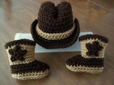 COWBOY newborn baby HAT and BOOTS set Cowgirl Brown crochet 0-3 mo PHOTO PROP