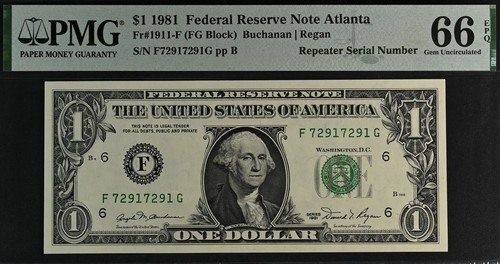 1981 $1 Federal Reserve Note PMG 66EPQ fancy repeater serial number 72917291 - Picture 2 of 3