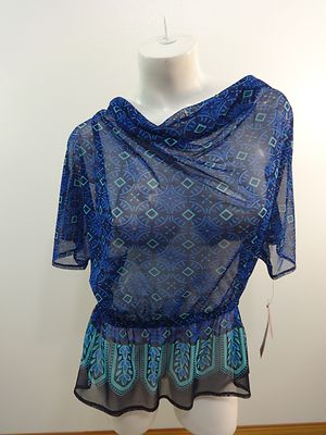 Nwt RAFAELLA Damen Blau Geo Aufdruck Polyester Durchsichtig Bluse Größe Pm