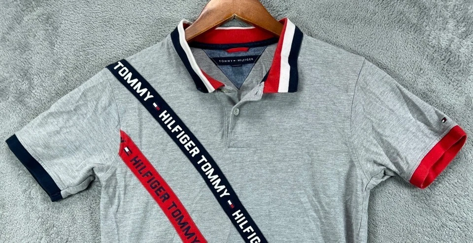 Tommy Hilfiger Boys 16 Large Sloane Polo Shirts Gray Logo Stripe Short Sleeve - Image 3 of 4