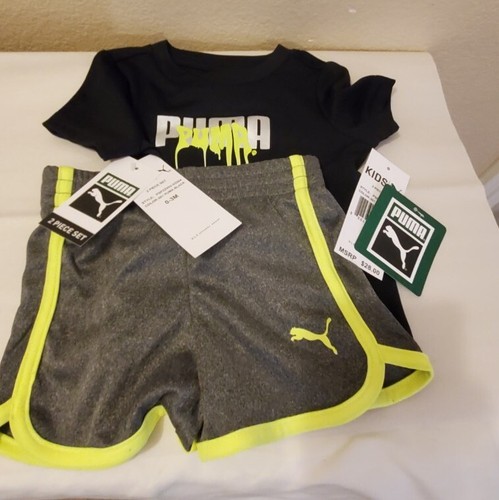 Puma Baby Jungen sportliche Shorts & T-Shirt Set. Größe 0-3 Monate grau schwarz Limette - Bild 2 von 5