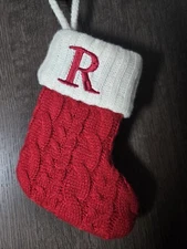 1 KOHL'S MINI DEEP RED WHITE CUFF SWEATER KNIT EMBROIDERED R CHRISTMAS STOCKING