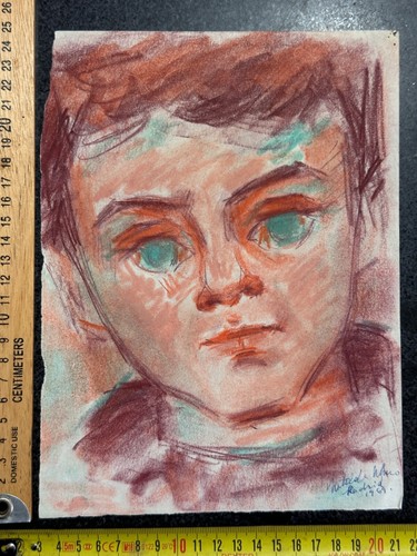 Ancien pastel sur papier, XXème signé Matilda Ulmu 1969 Portrait enfant Judaïca - Photo 6/6