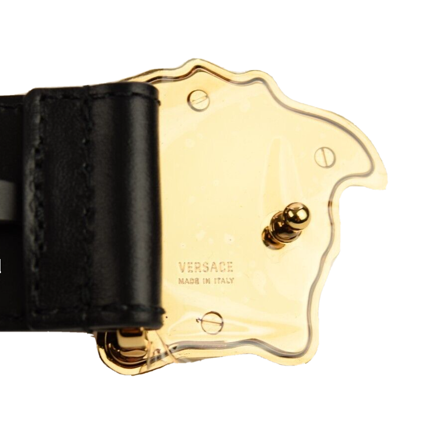 VERSACE Mens Black Leather Gold Medusa Buckle Dress Belt 105