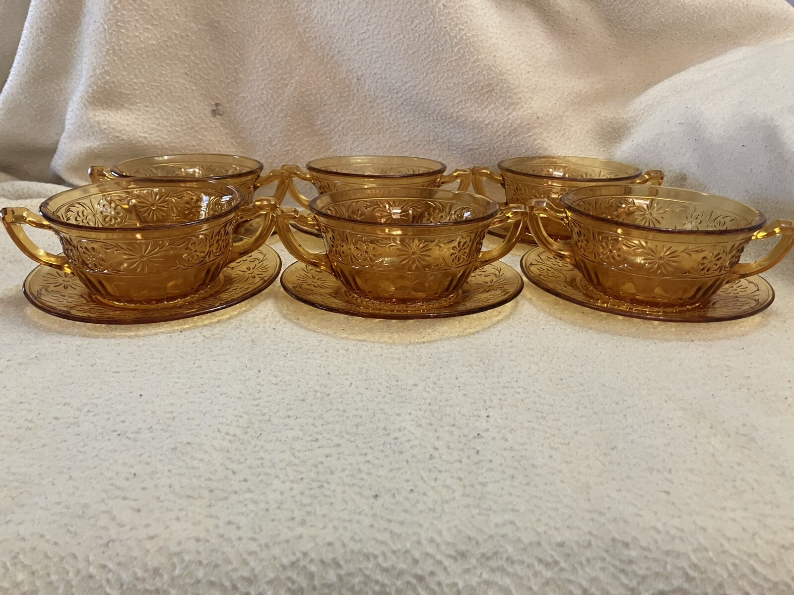 6-Piece Glass Daisy Amber Soup Bowls with 6 Matching Butter Plates Set