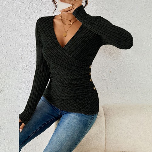 Women Slim Fit V-Neck Solid Tops Ladies Long Sleeve Party Shirt Blouse Pullover - Picture 8 of 28