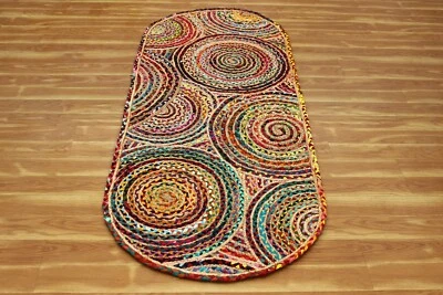 Ovale Coton Jute Géométrique Chemin Zone Tapis Main Tressé Salle à Manger Kilims - Photo 1/4