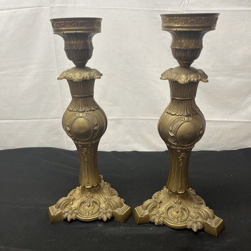 Pair Ornate Heavy Brass Candleholders 18 3/4 inches Made in India - Picture 5 of 10