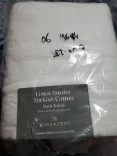 Lot of 3 NEW WHITE Linen Border 100% Turkish Cotton Bath Towels  30in X 60in 