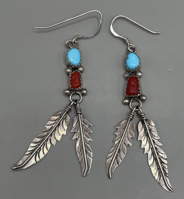 Native American Earrings Pierced Sterling Silver Red Coral Turquoise Feathers CY